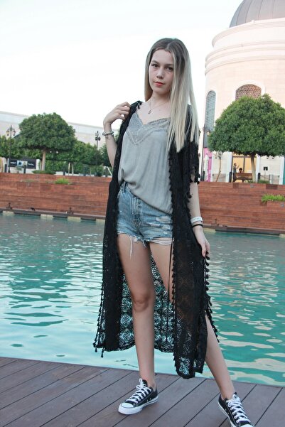 Bohemian Women's Black Waist Lace-up Tassel Detailed Kimono