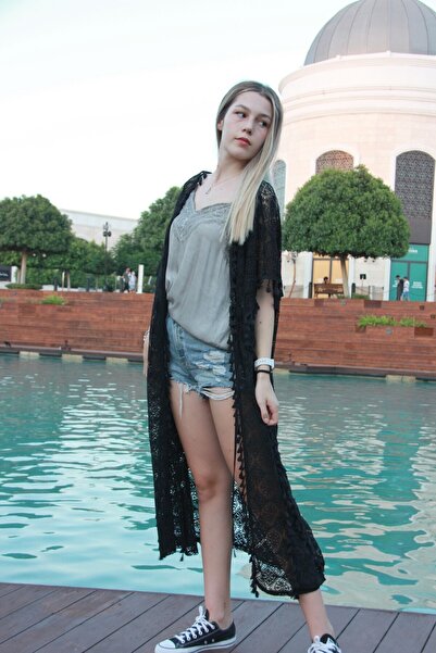 Bohemian Women's Black Waist Lace-up Tassel Detailed Kimono