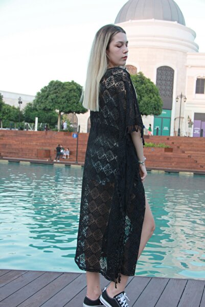 Bohemian Women's Black Waist Lace-up Tassel Detailed Kimono