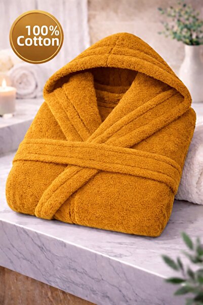 İQON رداء حمام للجنسين مصنوع من القطن بنسبة 100%، لون الخردل العادي