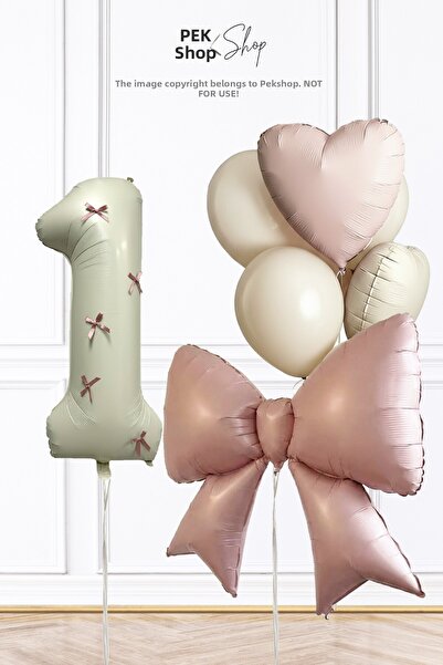 PEKSHOP 1 Year Old Pink Bow Ribbon Decorated Birthday Balloon Set with Balloo...