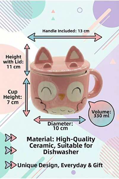 RİVO HOME DECOR The Mia Owl Figured Ceramic Mug with Lid 330 ml