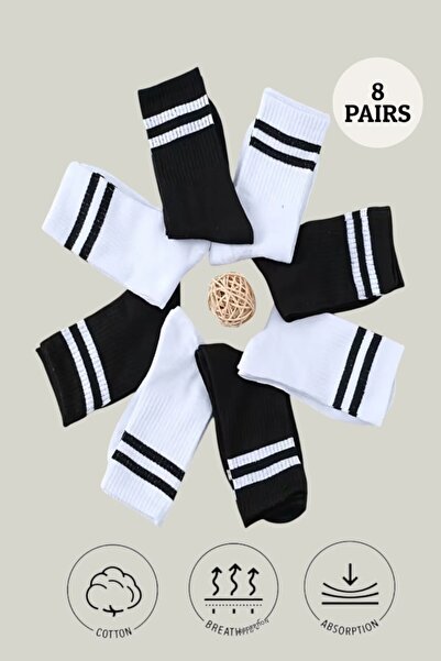 Esinti 8 чифта унисекс колежански чорапи – памук, черно-бели райета