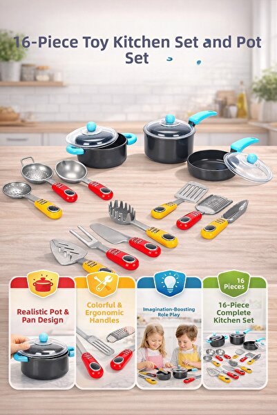 YILDIRIM OYUNCAK Kitchen Utensils Set 16-Piece Cookware Set - Dollhouse Kitch...