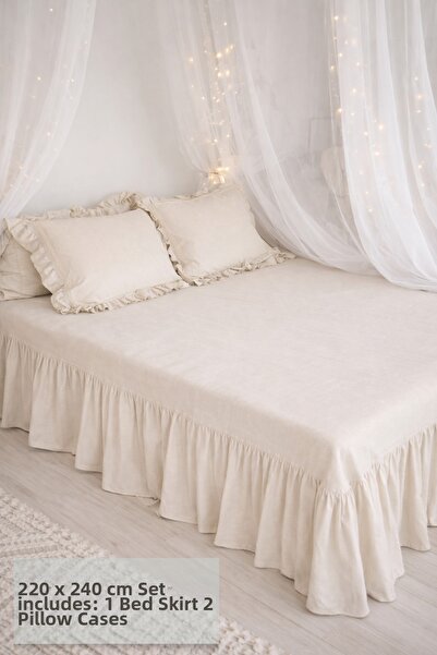 perde plus Ruffled Natural Textured Bedspread Set (1 Bedspread + 2 Pillowcases)