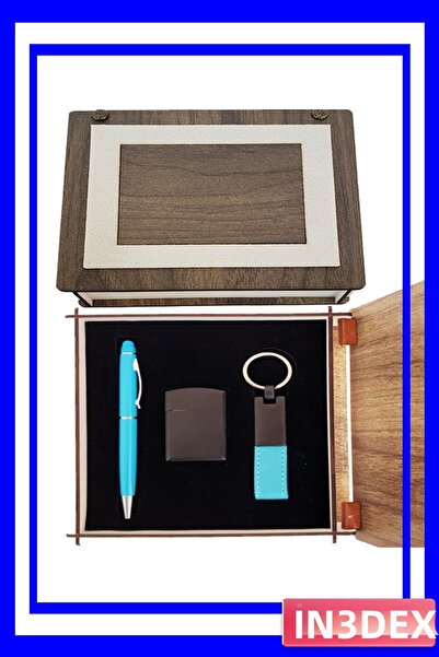 İN3DEX طقم قلم لمس يعمل باللمس وسلسلة مفاتيح وولاعة مع صندوق خشبي