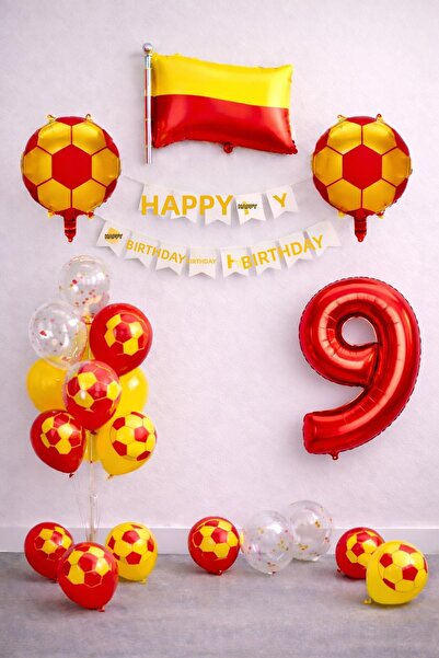 Patladı Gitti Yellow Red Football Themed 9Th Birthday Balloon Set