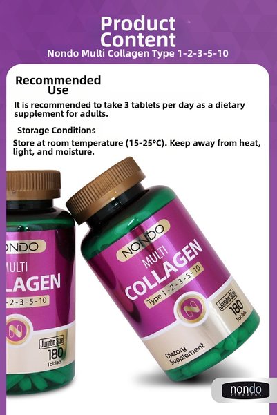 Nondo Multi Collagen 180 Tablets (Jumbo Size 5 Types Collagen Type 1-2-3-5-10 Hyaluronic Acid Zinc)