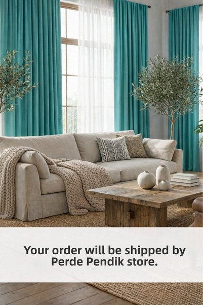 Erdoğanlar Koza Curtain Pendik Velvet with Foam Backing Turquoise Single Wing Standard Pleated Single Wing