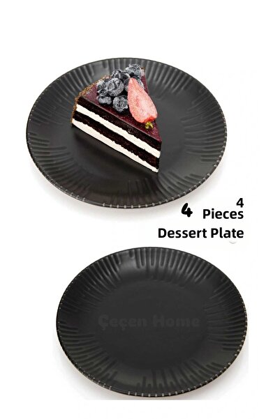 ÇEÇEN HOME Set of 4 Round Matte Black Porcelain Dessert Plates, Porcelain Cak...