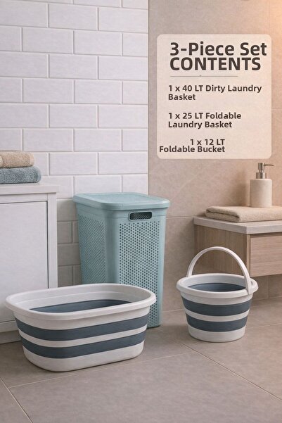 Funny Life Σετ 3 τεμαχίων - Καλάθι βρώμικων ρούχων 40 LT, Πτυσσόμενο καλάθι ρ...