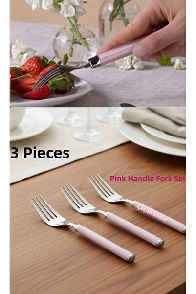ÇEÇEN HOME 3-Piece Pink Handle Fork Set, Dinner Fork Set (Light Pink)