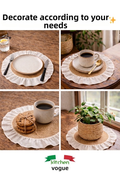 Kitchen Vogue Supla American Service Bohemian Round Wicker |   Natural Linen Ruffle Edged Jute American Service Dowry Bundle
