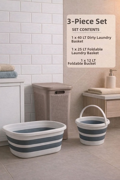Funny Life Σετ 3 τεμαχίων - Καλάθι βρώμικων ρούχων 40 LT, Πτυσσόμενο καλάθι ρ...