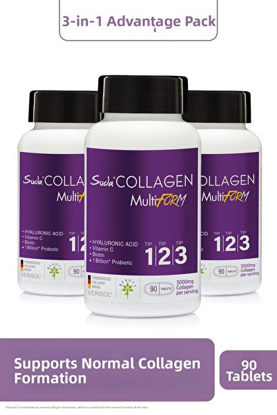 Suda Collagen كولاجين متعدد الأشكال 90 قرصًا - حزمة ميزة من 3