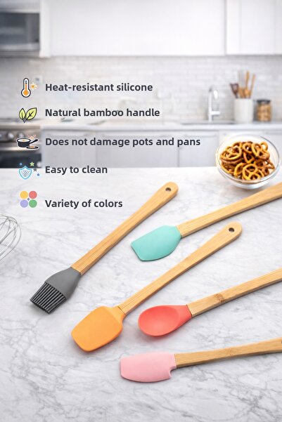 Single Set of 5 Colorful Bamboo Handle Silicone Small Spatulas