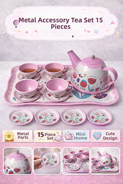 YILDIRIM OYUNCAK طقم إبريق شاي معدني مكون من 15 قطعة مع ملحقات، طقم فناجين شا...