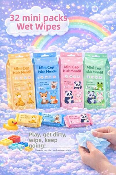 Berdina Home 32 Pieces of Cute Figured Mini Wet Pocket Wipes Panda Zebra Elep...