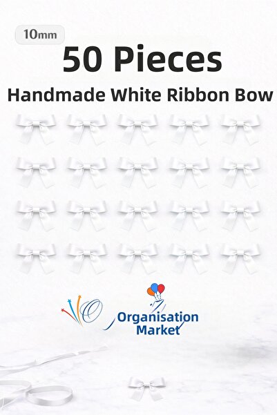 Organizasyon Pazarı White Premium Bow Satin Ribbon 10mm 50 Pieces Balloon Dec...