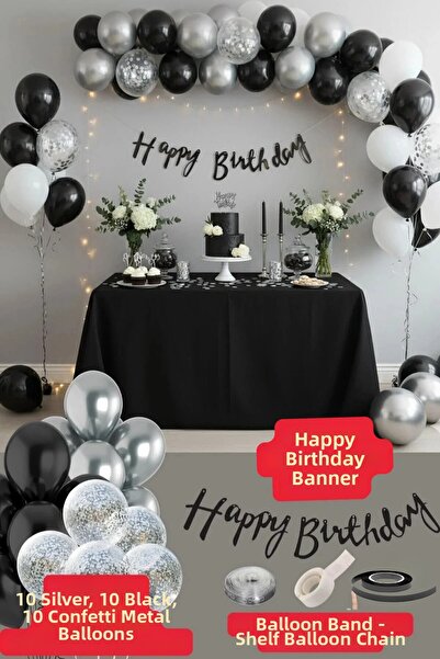 Baloncu Nene Set de 30 de baloane negre și argintii cu confetti argintii cu t...