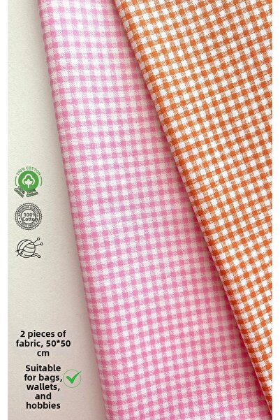 seyranat 2 Pieces of 50 cm Pink and Orange Gingham Patterned Cotton Fabric fo...