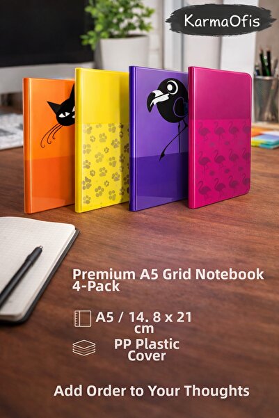 KarmaOfis Premium A5 Checkered Notebook Set of 4 |   Pp Plastic Cover, Durabl...