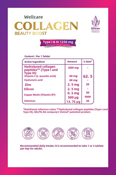Wellcare كولاجين للبشرة 1250 ملغ 60 قرص