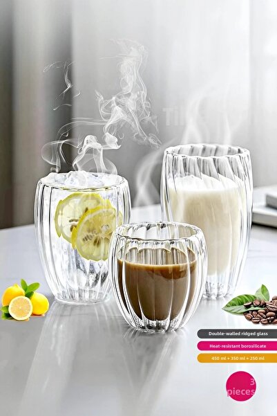 Tilbe Home Set of 3 Double Walled Twisted Crystal Glass Cup Tea Milk Coffee C...