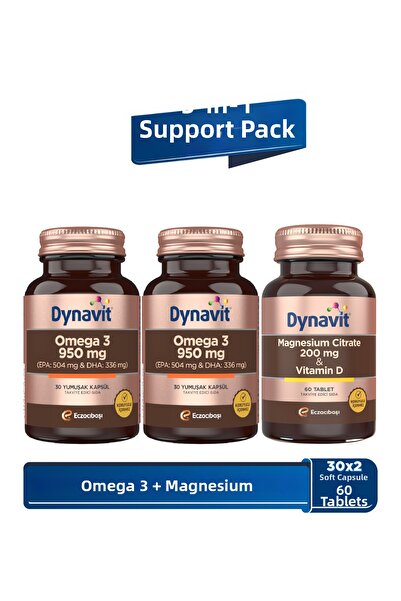 Dynavit أوميغا 3 950 ملغ 30 كبسولة ناعمة ×2 وسترات المغنيسيوم 200 ملغ، فيتامي...