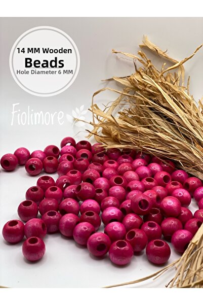 Fiolimore 14 ملم خرز خشبي وردي فوشيا (50 جرام 47 قطعة) قطر الفتحة العريضة 6 م...