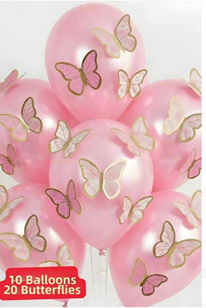 Çemrek Süs Parti 10 Pink Balloons and 20 Butterfly Set