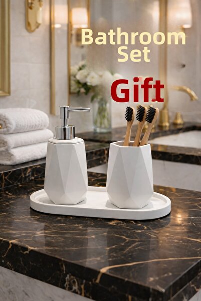 lufen deco طقم حمام أبيض منقوش بالرخام مكون من 3 قطع، موزع صابون سائل، حامل ف...