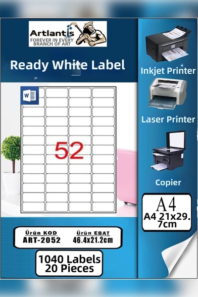 Artlantis Etichetă A4 gata tipărită 46,4x21,2 mm 20 coli 1 pachet cu 52 de bu...