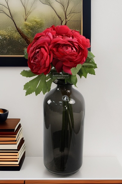 Yapay Çiçek Deposu Artificial Flower Flat Peony Rose Bouquet Red