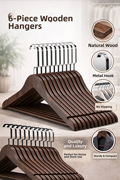 ÖZKAHRA TEKSTİL Ξύλινες κρεμάστρες ρούχων με ασημένια γάντζα, σετ 6 τεμαχίων