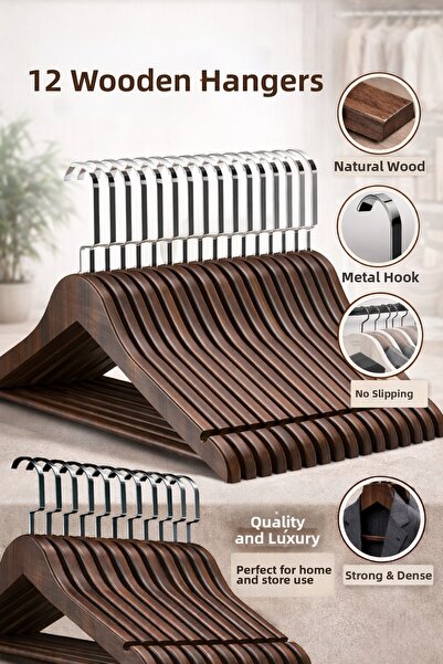 ÖZKAHRA TEKSTİL Umerașe din lemn pentru haine, set de 12, cu cârlige argintii