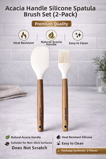 Single Set of 2 Acacia Handle Silicone Brush Set, Heat Resistant, Fireproof, ...