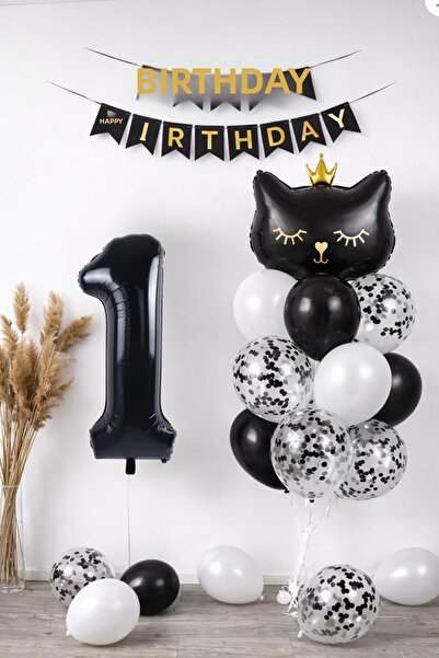 Patladı Gitti 1 Year Old Cat Themed Birthday Balloon Set – Black Concept
