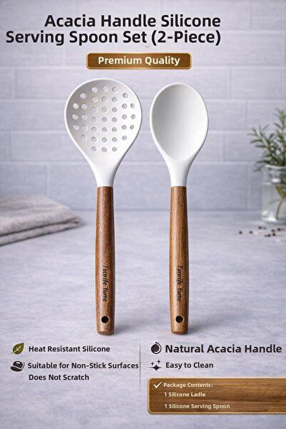 Single Set of 2 Acacia Handle Colander Serving Spoons Set, Heat Resistant, Fi...