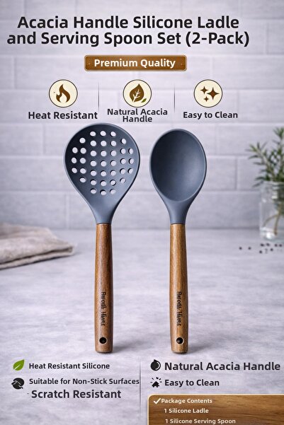 Single Set of 2 Acacia Handle Colander Serving Spoons Set, Heat Resistant, Fi...
