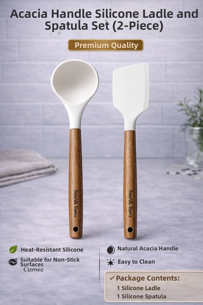 Single Set of 2 Acacia Handle Scoop Spatula Set, Heat Resistant, Fireproof, N...