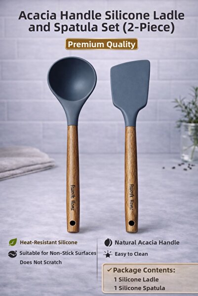 Single Set of 2 Acacia Handle Scoop Spatula Set, Heat Resistant, Fireproof, N...