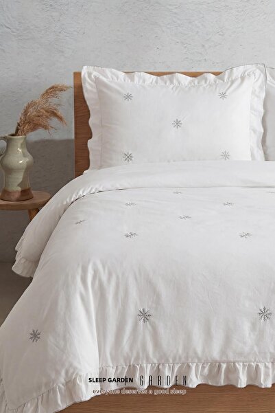 Sleep Garden Esen Duvet Cover Set 100% Cotton Snowflake Patterned White Doubl...