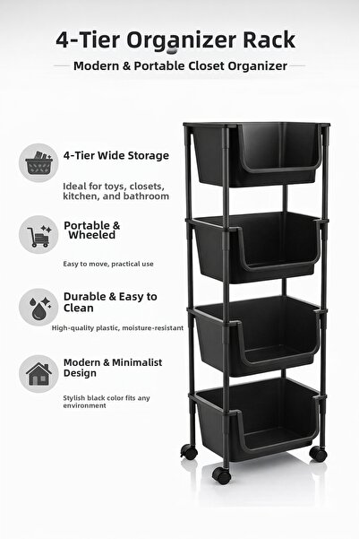 Single 4-Tier Wheeled Organizer Toy Cabinet Bathroom Shelf Kitchen Shelf Pant...