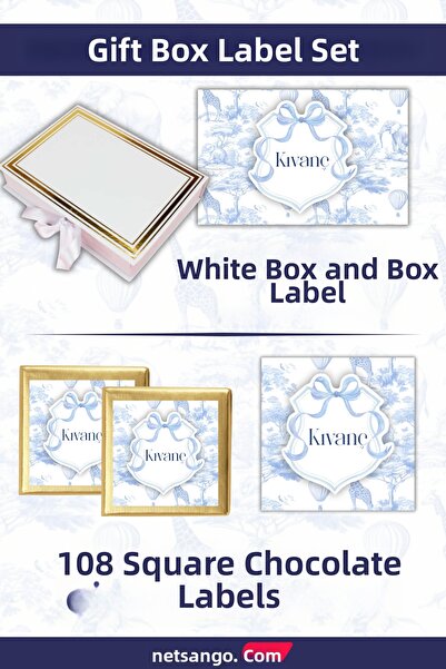 Netsan Etiket Blue Bow and Elephant Pattern Chocolate Tag, Box Tag, and White...