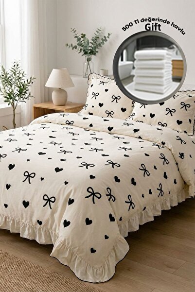 moon secret tekstil Ruffled Heart & Bow Pattern Duvet Cover Set – 100% Cotton...