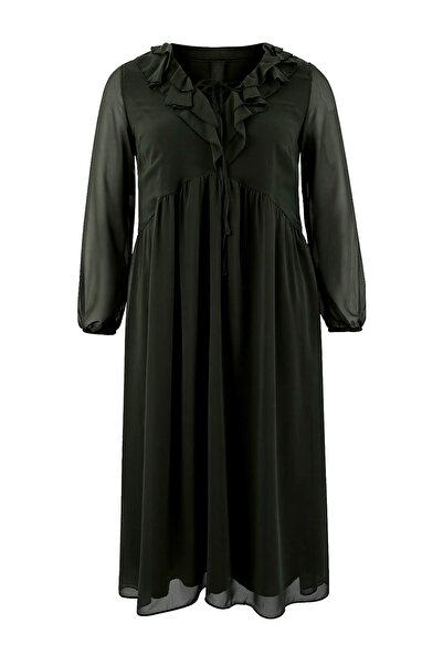 Trendyol Curve Rochie maxi din șifon kaki cu decolteu în V cu volan, țesută, ...