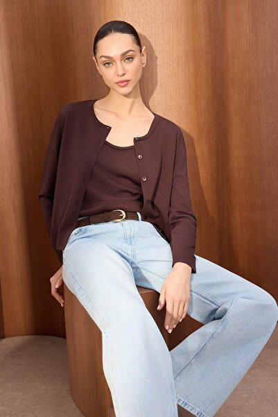 Trendyol Collection Wardrobe Essentials Brown Basic Rayon Look Cardigan-Blous...