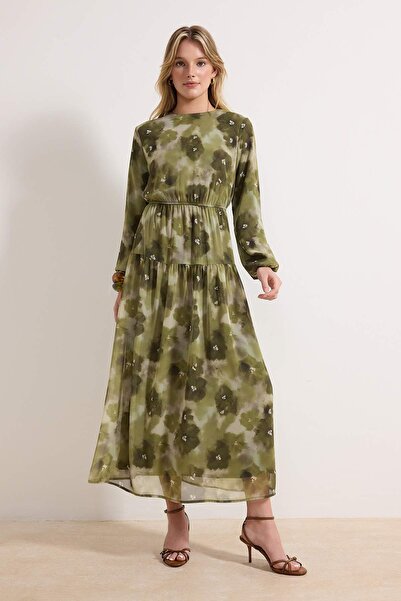 Trendyol Modest Green Floral Patterned Chiffon Dress Tctss26Eb00027