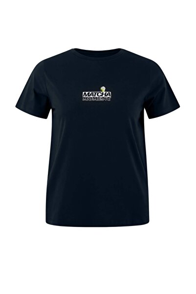 Trendyol Curve Navy Blue Regular Fit Cherry Printed Large Size T-Shirt Tbbss2...